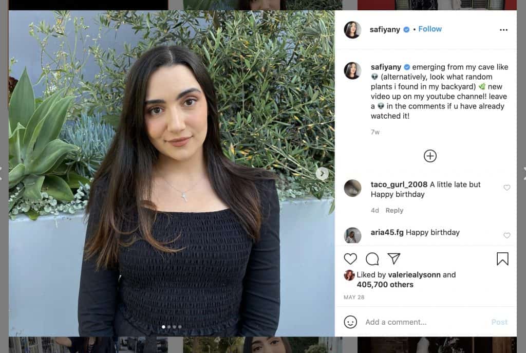 instagram influencer safiya nygaard with a call-to-action on her instagram post caption